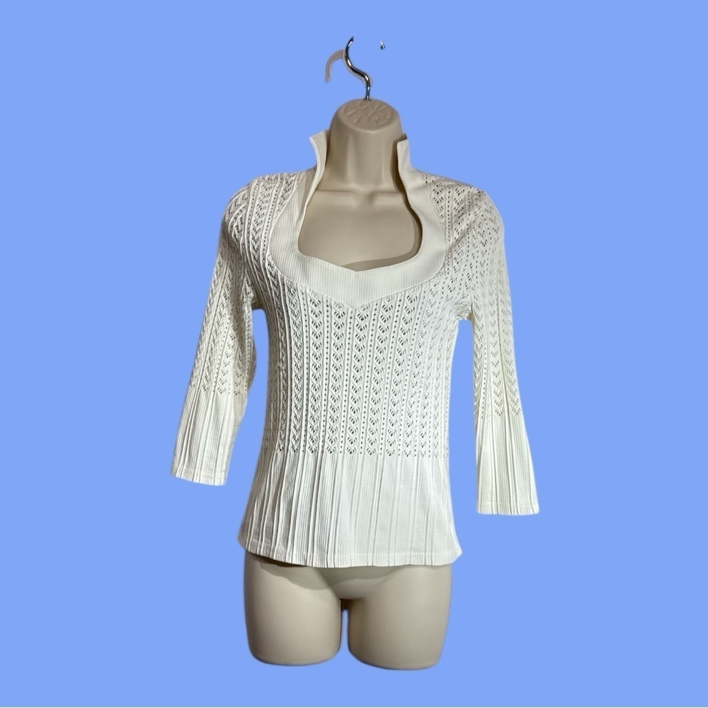Cache Stretch Knit High Collar Pullover Sweater 3/4” Sleeve Crochet & Rib Size S